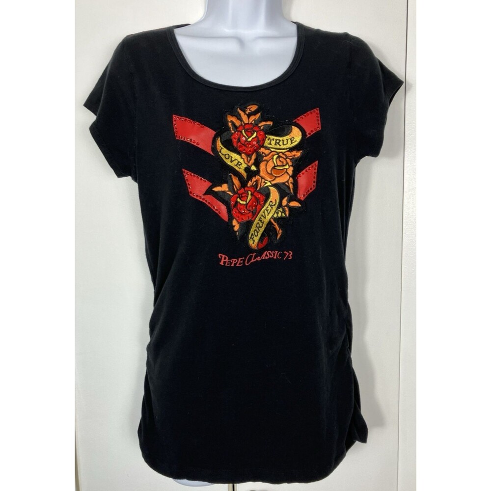 Vintage Y2K Pepe Jeans Embroidered Rhinestone Top Size XL Black